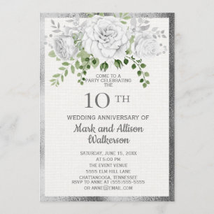 White Silver Floral 10th Wedding Anniversary Invitation