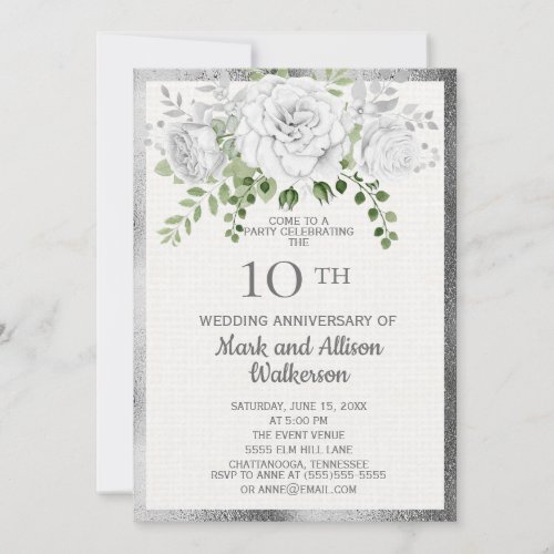 White Silver Floral 10th Wedding Anniversary Invitation