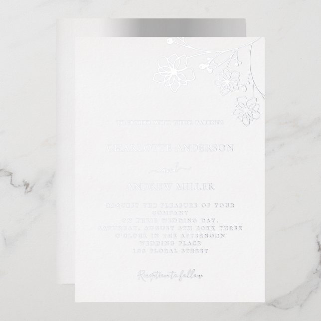 White silver floral elegant wedding foil invitation (Front/Back)