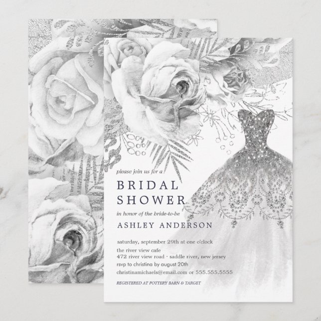 White & Silver Floral Wedding Dress Bridal Shower Invitation (Front/Back)
