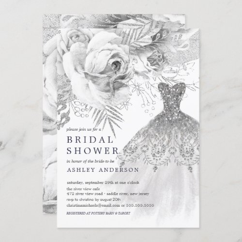 White  Silver Floral Wedding Dress Bridal Shower Invitation