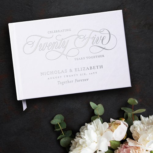 White Silver Foil 25th Wedding Anniversary Foil Guest Book