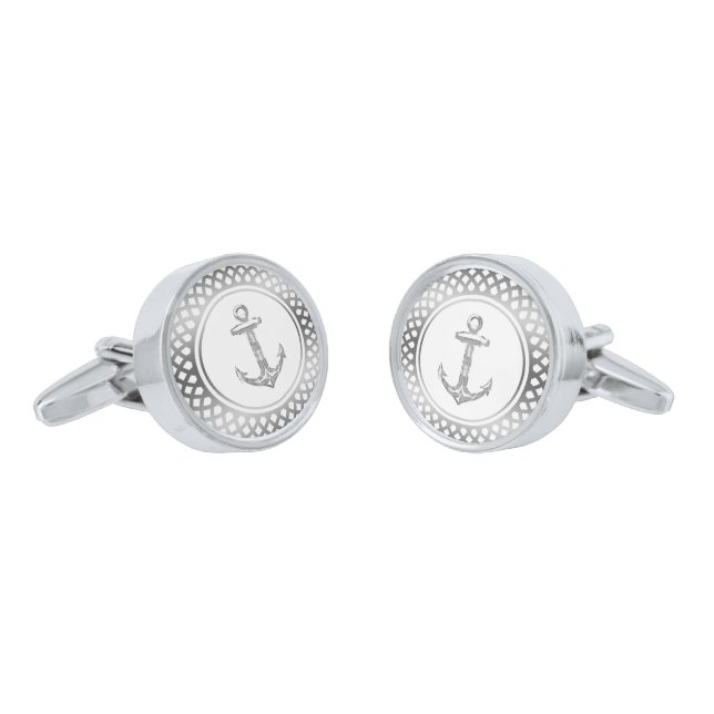 White & Silver frame & Nautical Boat Anchor Cufflinks (Angled)