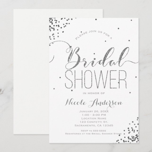 White & Silver Glam Glitter Corners BRIDAL SHOWER Invitation (Front/Back)