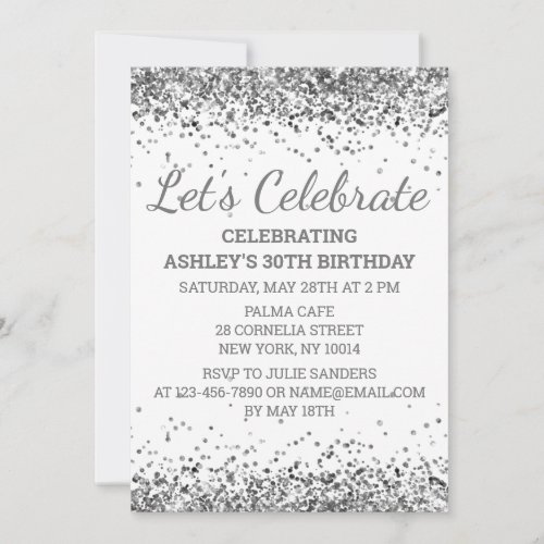 White Silver Glitter 30th Birthday Lets Celebrate Invitation