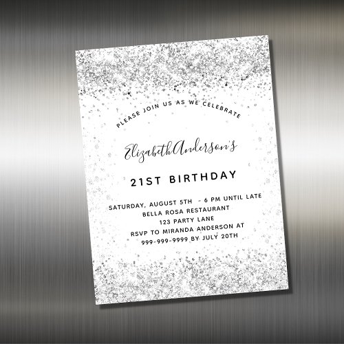 White silver glitter birthday invitation magnet