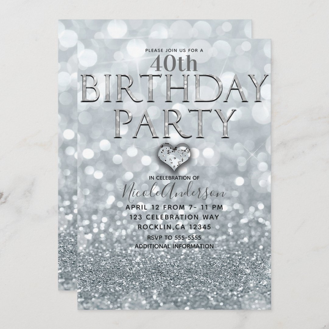 White Silver Glitter Bokeh Glam Birthday Party Invitation | Zazzle