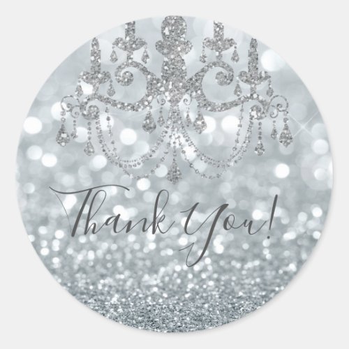 White Silver Glitter Bokeh Glam Chandelier Party Classic Round Sticker