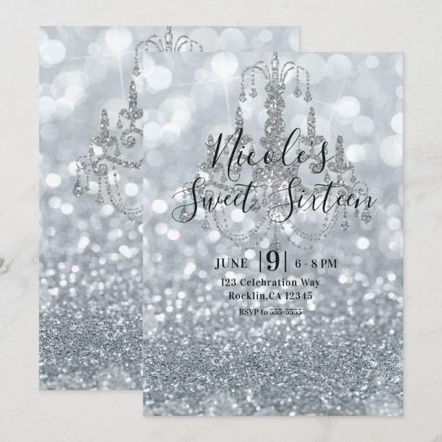 White Silver Glitter Bokeh Glam Chandelier Party Invitation (Front/Back)