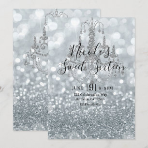 White Silver Glitter Bokeh Glam Chandelier Party Invitation