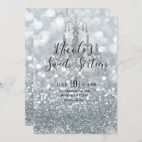 White Silver Glitter Bokeh Glam Chandelier Party Invitation