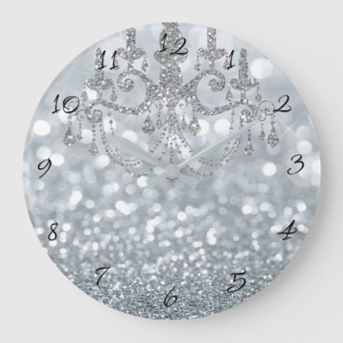 White Silver Glitter Bokeh Glam Chandelier Sparkle Large Clock