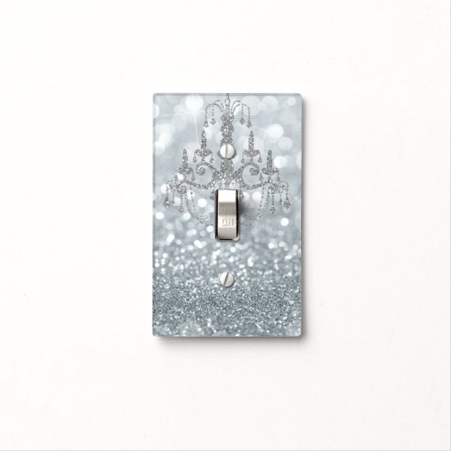 White Silver Glitter Bokeh Glam Chandelier Sparkle Light Switch Cover (In Situ)