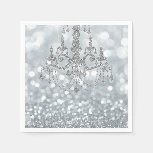 White Silver Glitter Bokeh Glam Chandelier Sparkle Napkins (Front)