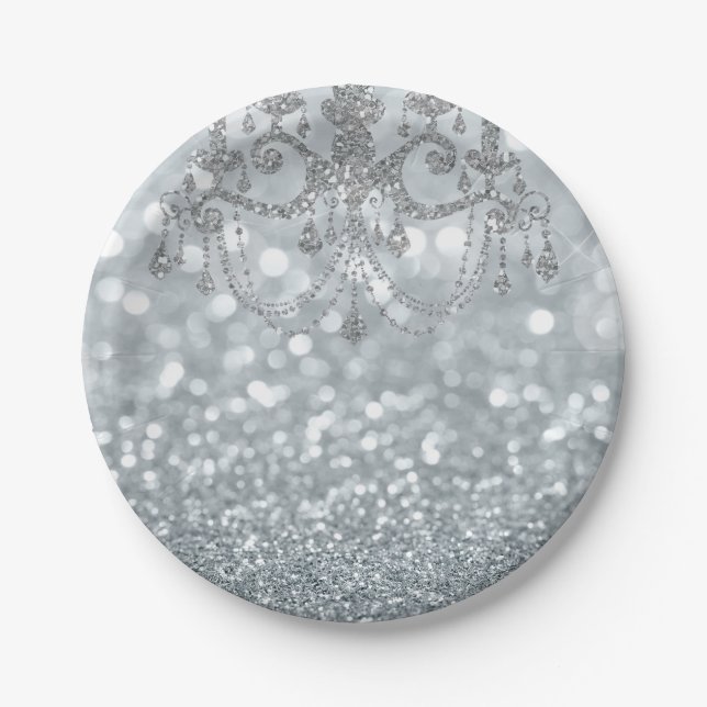 White Silver Glitter Bokeh Glam Chandelier Sparkle Paper Plates (Front)