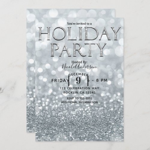White Silver Glitter Bokeh Glam Holiday Party Invitation