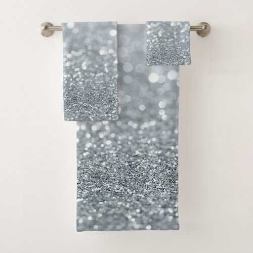 White Silver Glitter Bokeh Glam Trendy Sparkle Bath Towel Set