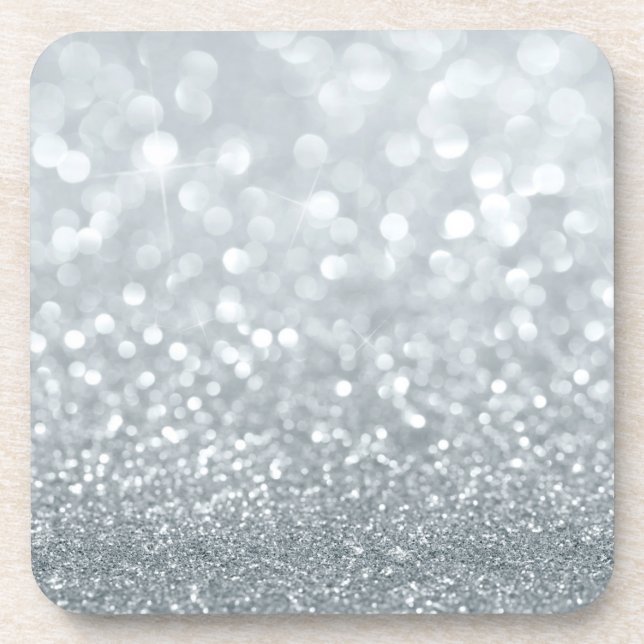 White Silver Glitter Bokeh Glam Trendy Sparkle Beverage Coaster (Front)
