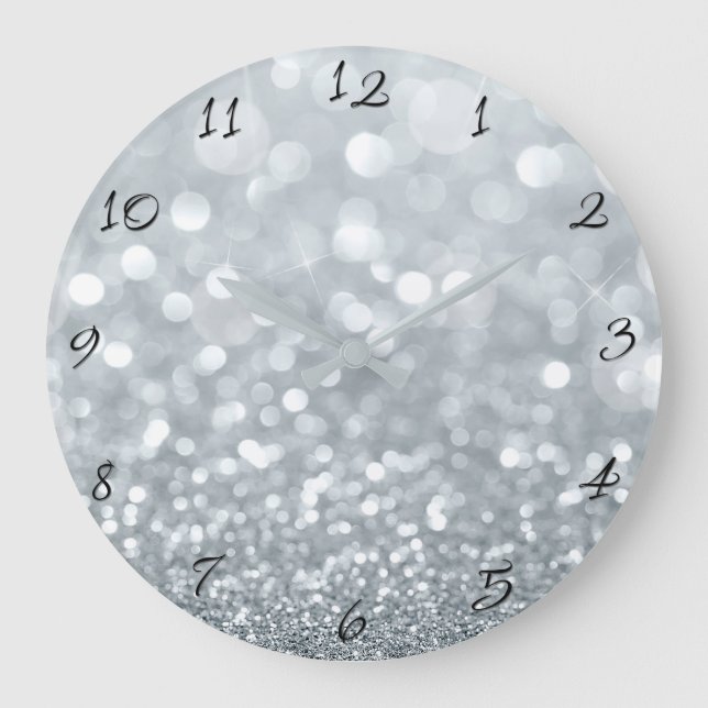 White Silver Glitter Bokeh Glam Trendy Sparkle Large Clock (Front)