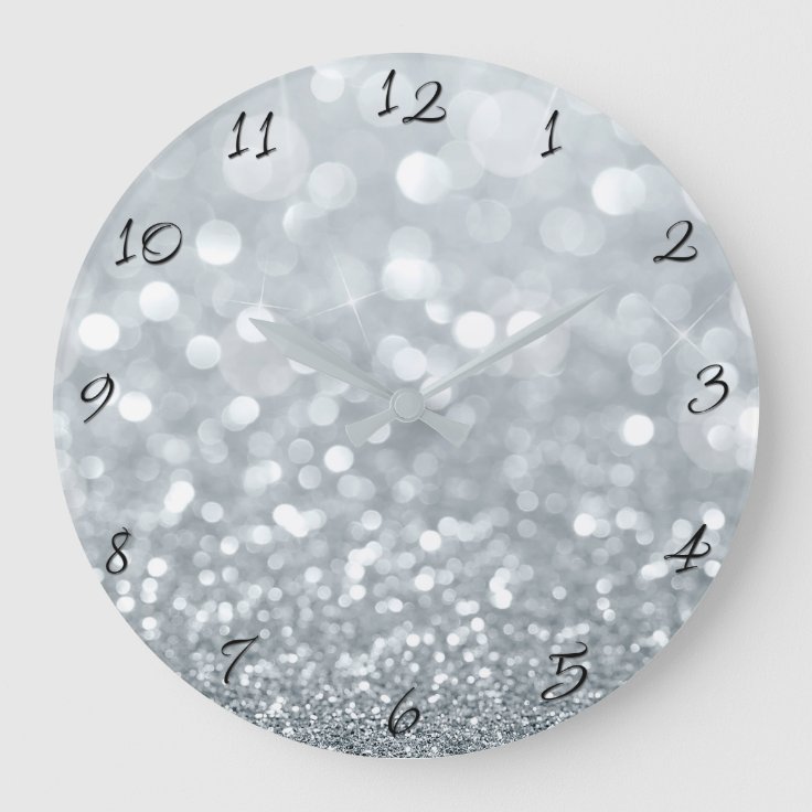 White Silver Glitter Bokeh Glam Trendy Sparkle Large Clock Zazzle