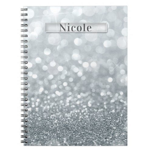 White Silver Glitter Bokeh Glam Trendy Sparkle Notebook