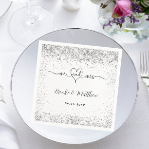 White silver glitter elegant mr mrs heart wedding napkins