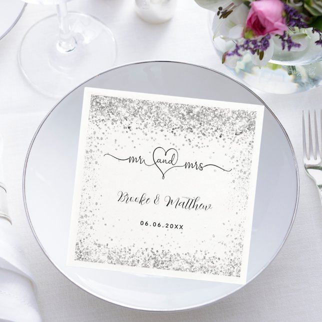 White silver glitter elegant mr mrs heart wedding napkins (Creator Uploaded)