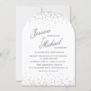 White Silver Glitter Elegant Script Arch Wedding Invitation