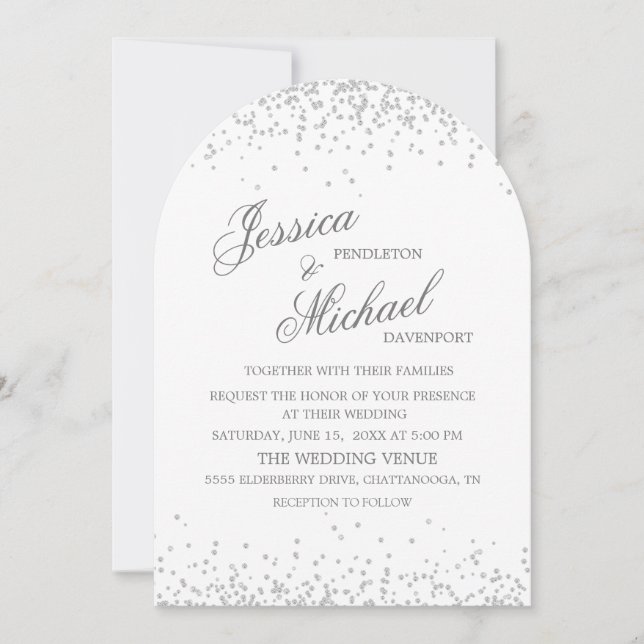 White Silver Glitter Elegant Script Arch Wedding Invitation (Front)