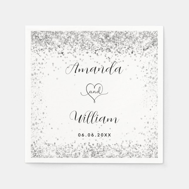 White silver glitter elegant script wedding napkins (Front)