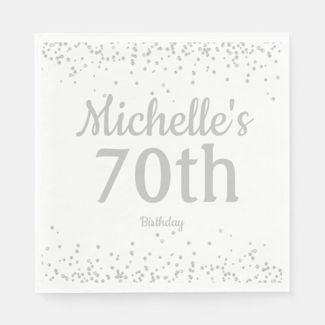 White Silver Glitter Girl's 70th Birthday Napkins (Front)