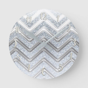 White Silver Glitter Girly Glam Glamour Chevron Round Clock