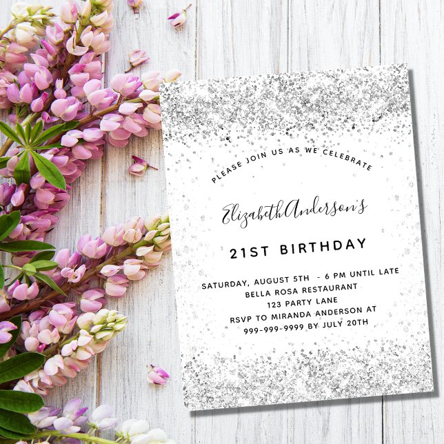 White silver glitter glamorous birthday invitation (Creator Uploaded)