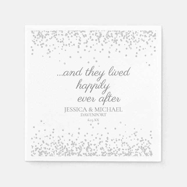 White Silver Glitter Happy Ever After Wedding Napkins (Front)