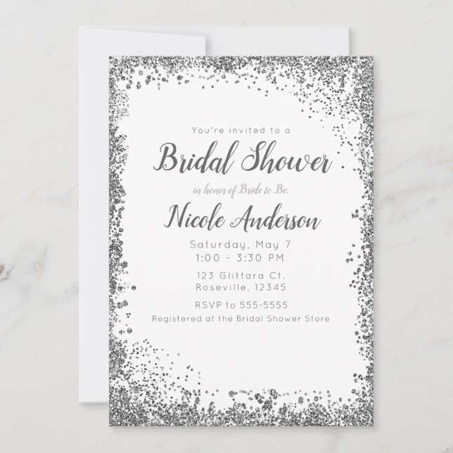White Silver Glitter Modern Glam Bridal Shower Invitation (Front)