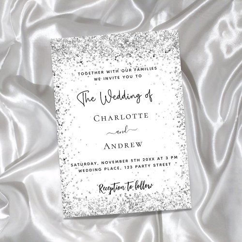 White silver glitter script luxury wedding invitation