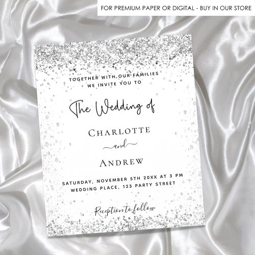White silver glitter script wedding invitation flyer