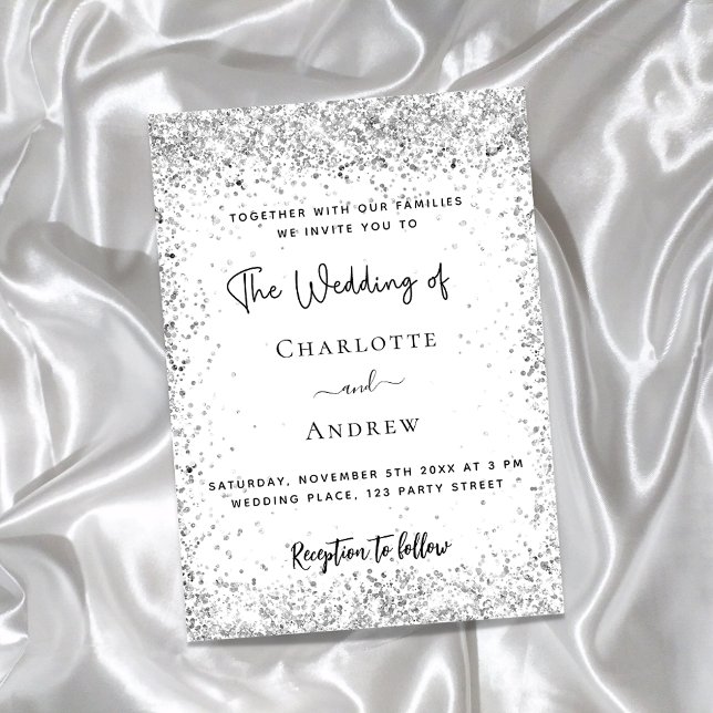 White silver glitter script wedding invitation postcard (Creator Uploaded)