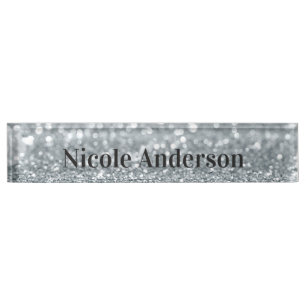 White Silver Glitter Sparkle Gift Elegant Glam Desk Name Plate