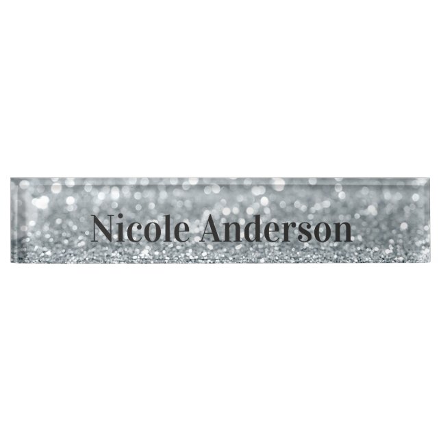 White Silver Glitter Sparkle Gift Elegant Glam Desk Name Plate (Front)