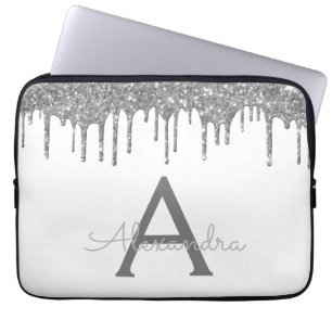 White Silver Glitter Sparkle Monogram Laptop Sleeve