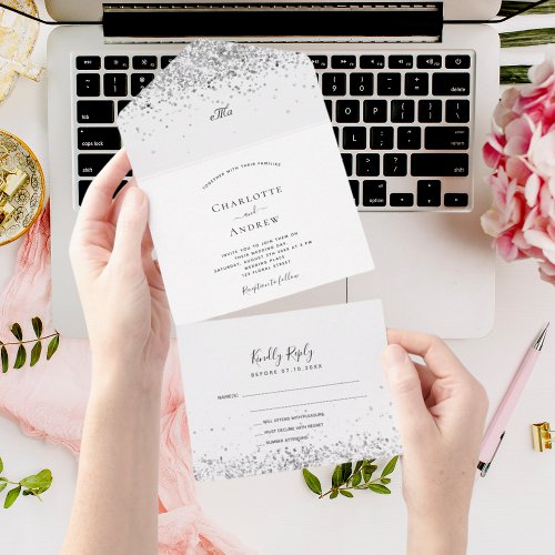 White silver glitter sparkles elegant wedding all in one invitation