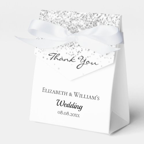 White silver glitter sparkles thank you wedding favor boxes