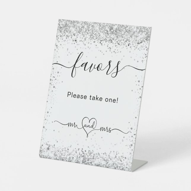 White silver glitter sparkles wedding guest favors pedestal sign (Front)