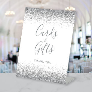 White Silver Glitter Wedding Cards and Gifts Pedestal Sign