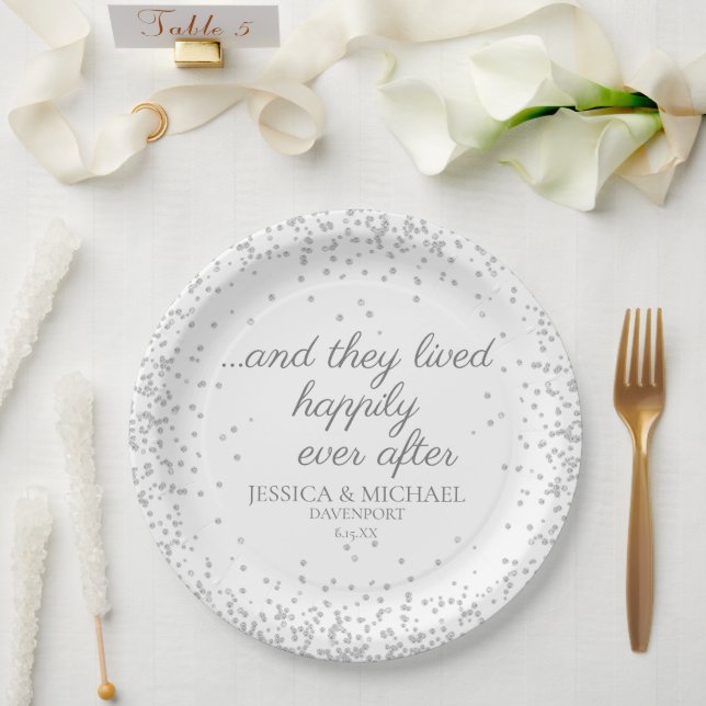 White Silver Glitter Wedding Happily Ever After Paper Plates (Wedding)