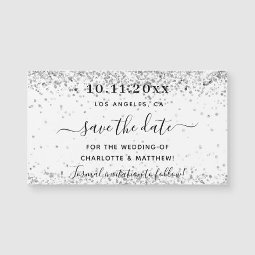 White silver glitter wedding save the date magnet