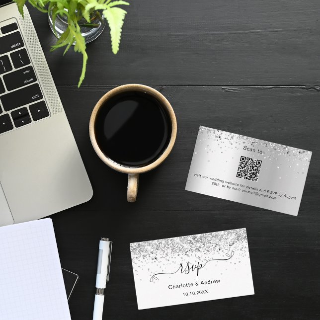 White silver glitter wedding website RSVP QR code Enclosure Card (Creator Uploaded)