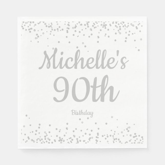 White Silver Glitter Woman's 90th Birthday Napkins (Front)