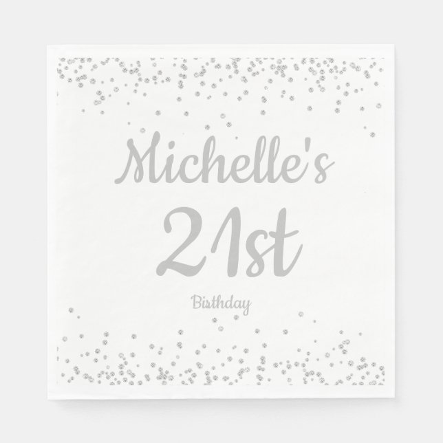 White Silver Glitter Women's 21st Birthday Napkins (Front)